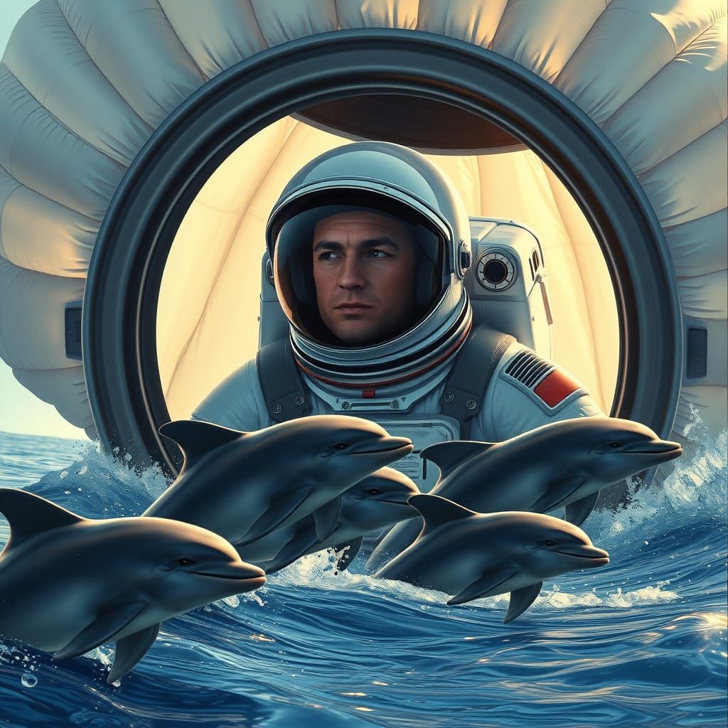 Sleek Astronaut Surrounded by Dolphins in Ethereal Glow