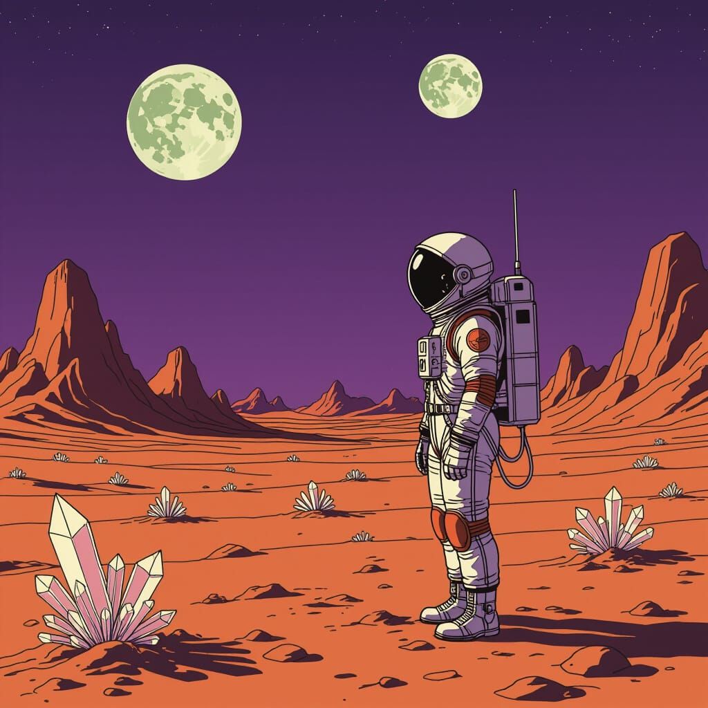 Astronaut on Alien Planet with Two Moons