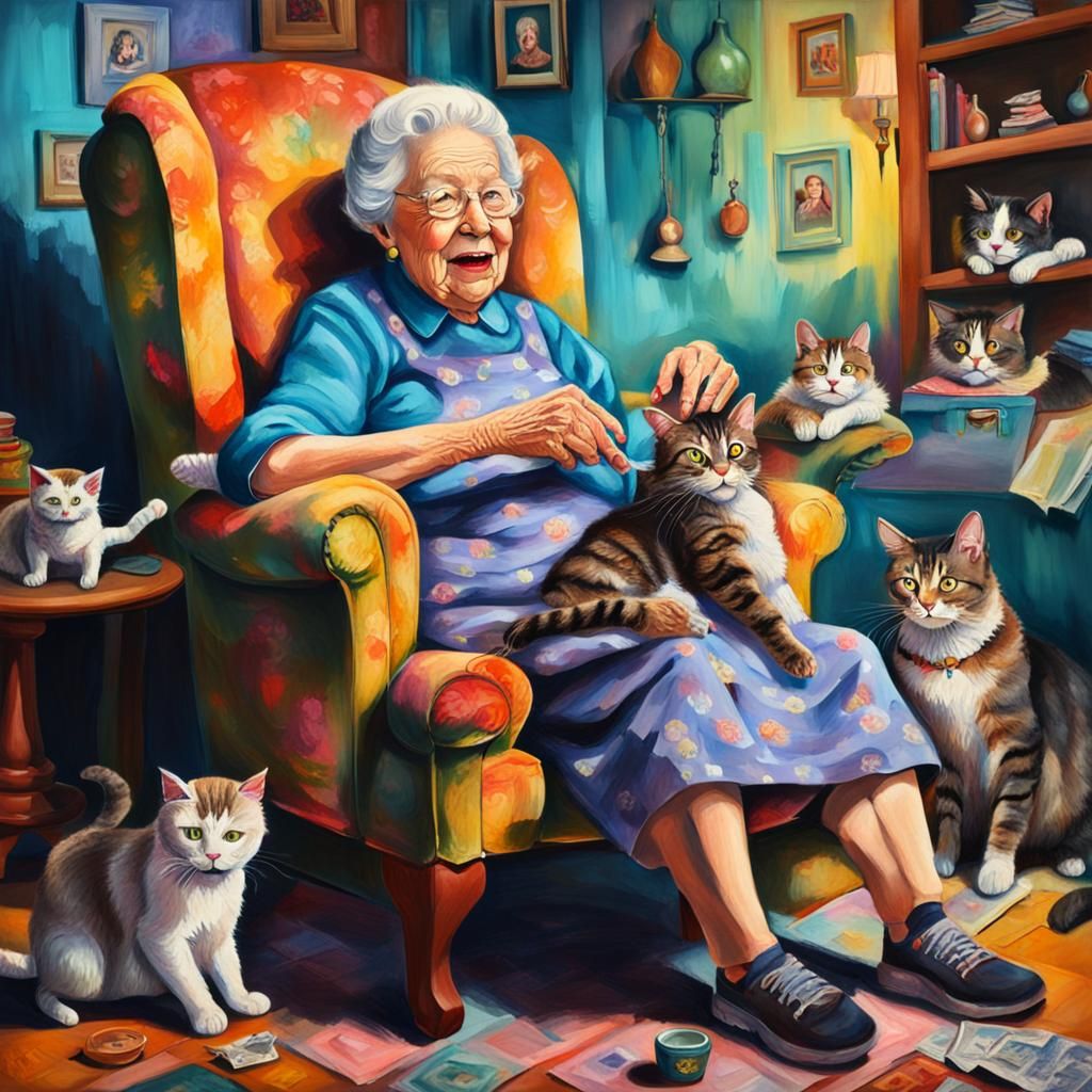 Grandma's Cat Attack: Hyperrealistic Oil Painting