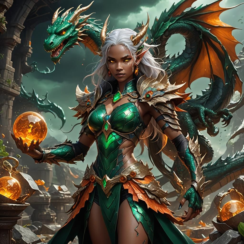 Emerald Dragon Girl Surrounded by Treasure