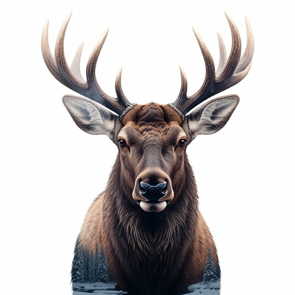 Moose Portrait in Winter Wonderland, Watercolour and Ink