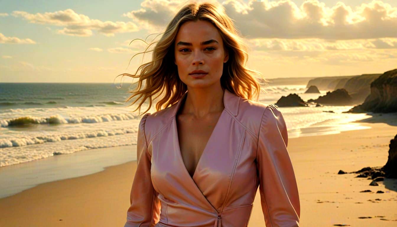Margot Robbie on Seaside Film Set