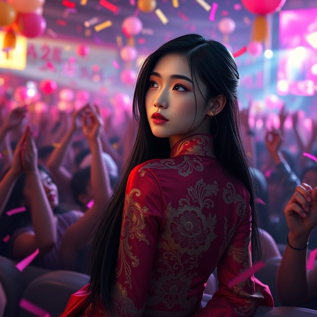 Elegant Chinese Woman Enjoys Concert from a Distance in Cybe...