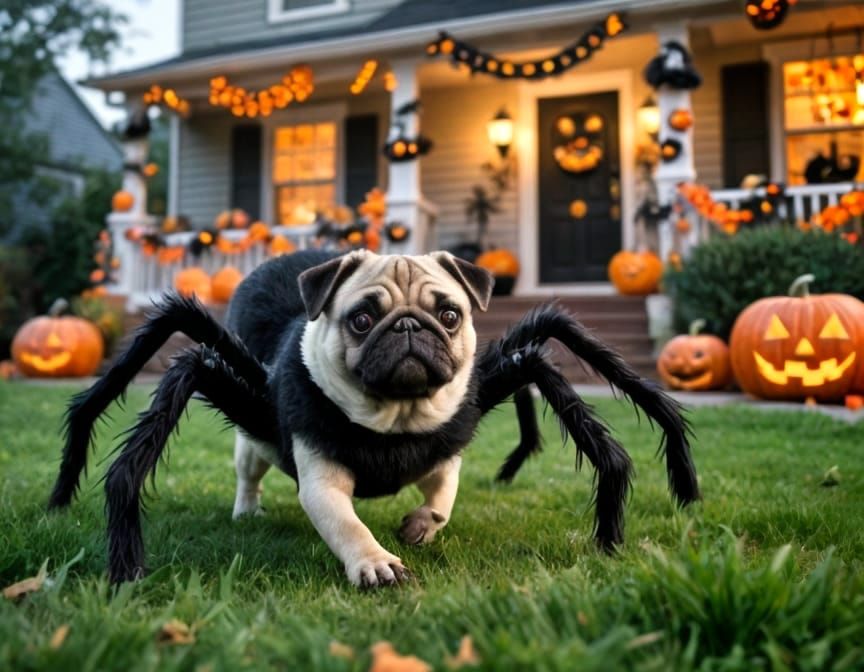 Cute Pug Dressed as Spider on Halloween Lawn