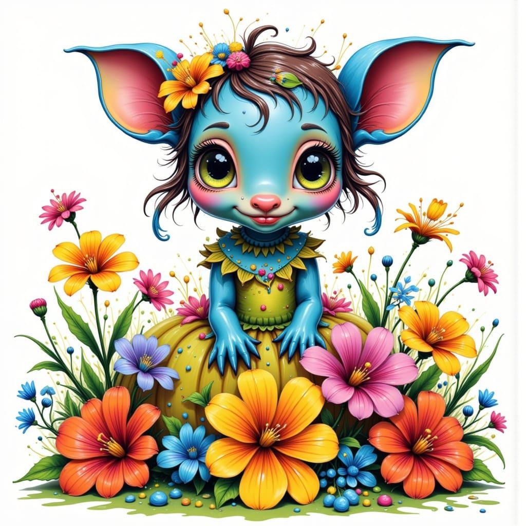 Whimsical Cute Creature in Vibrant Floral Wonderland