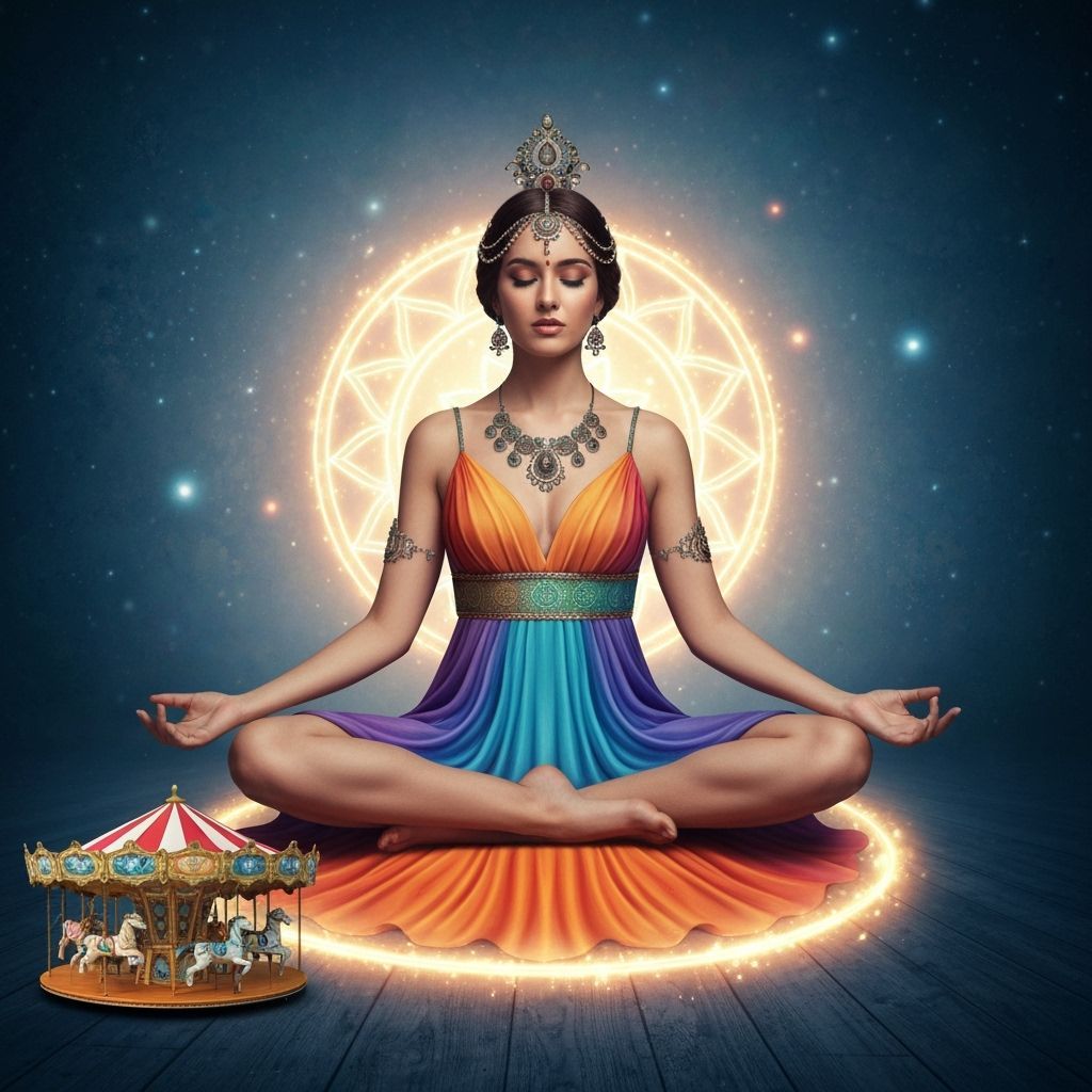 Surreal Woman Meditating in Chakra Light and Indian Carousel