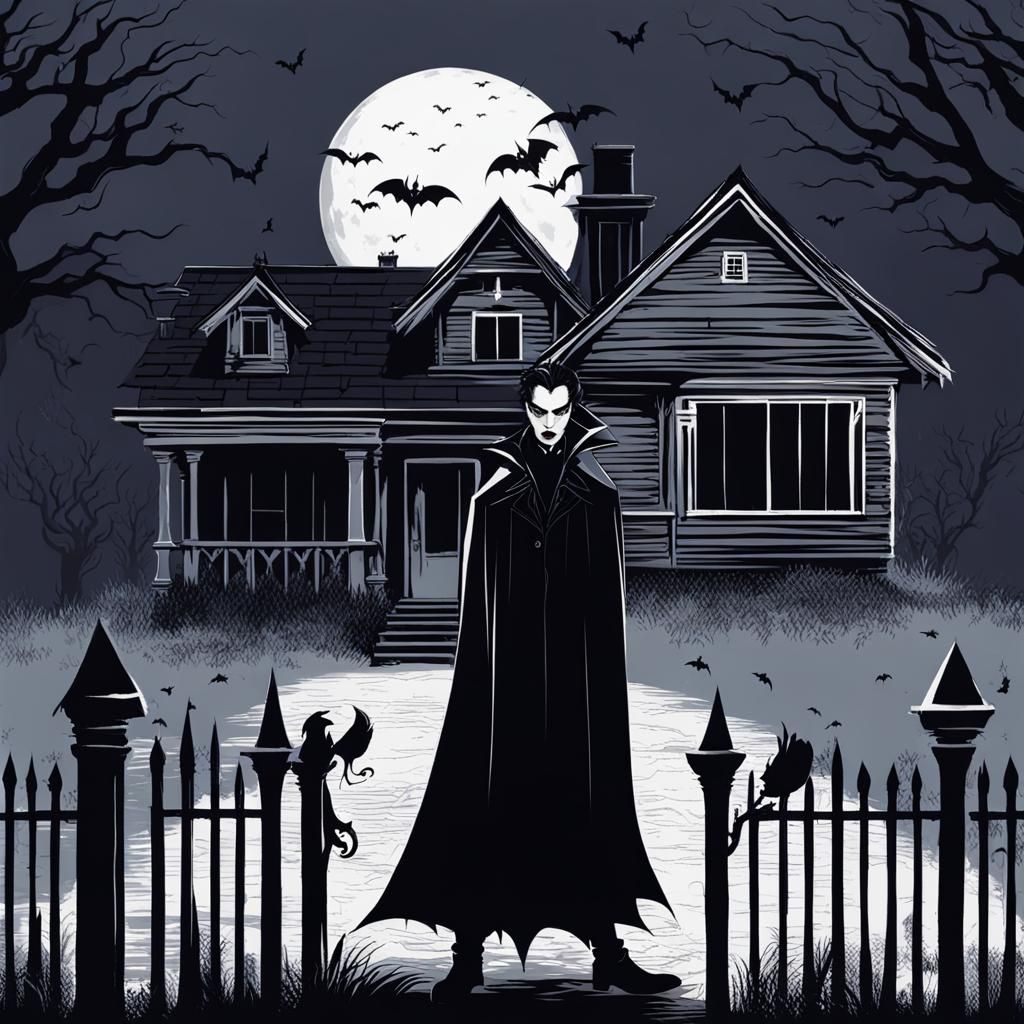 Vampire Lurking Near House in Dark Fantasy