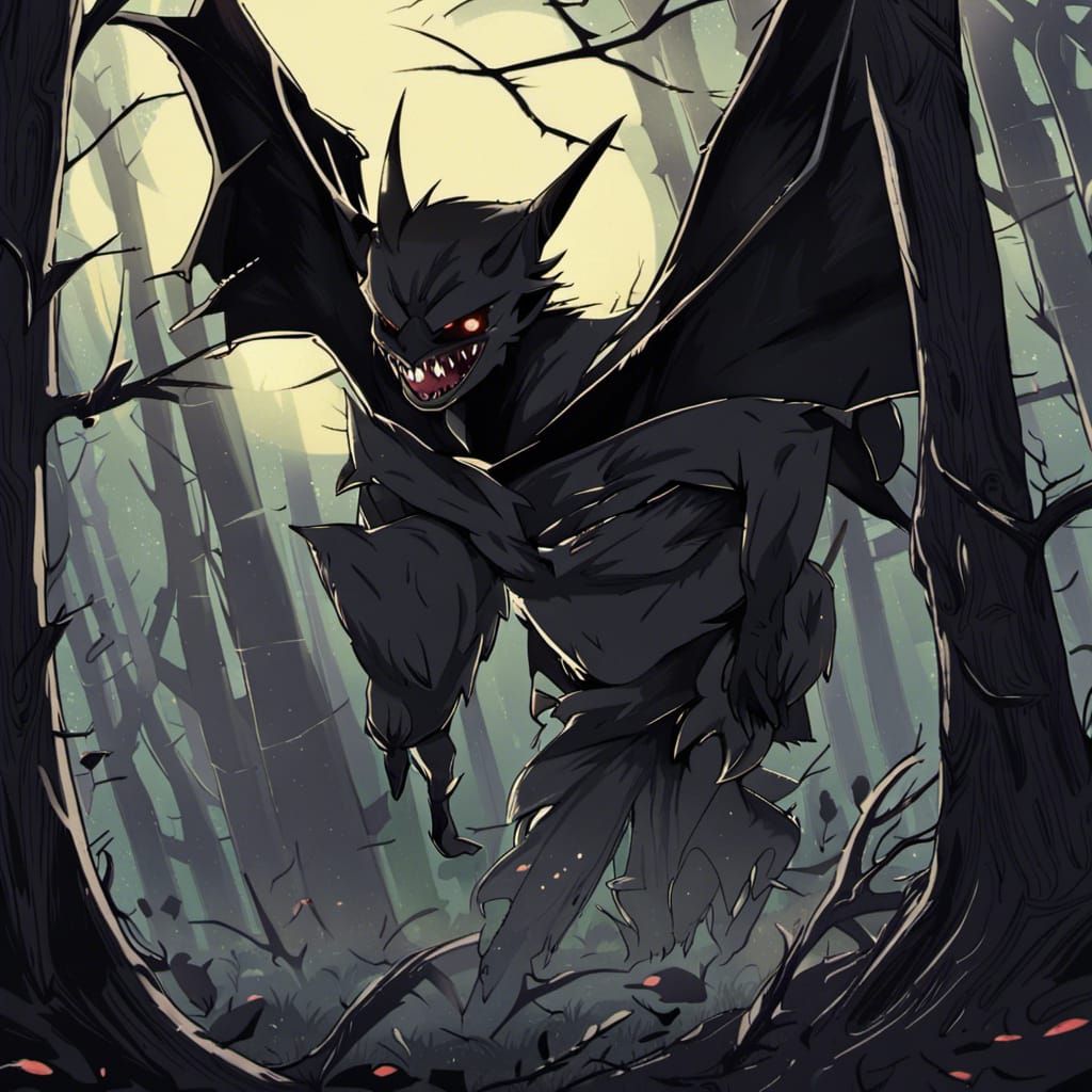 Menacing Werebat Lurking in Dark Woods, Anime Style