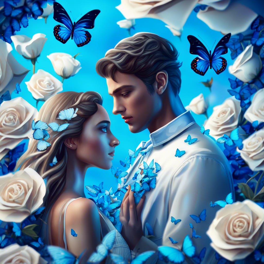 Loving Couple Surrounded by Blue Butterflies