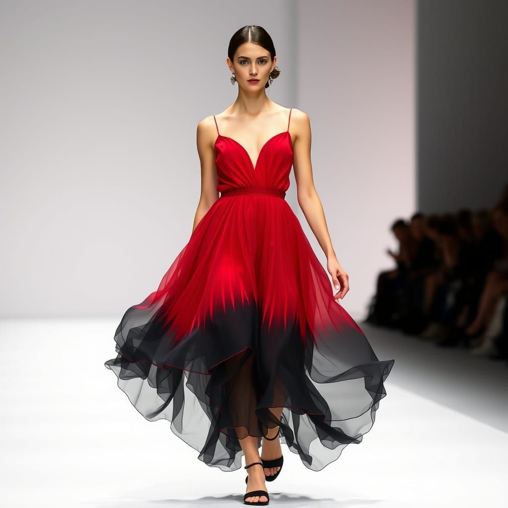 Model on Runway in Red and Black Chiffon Dress