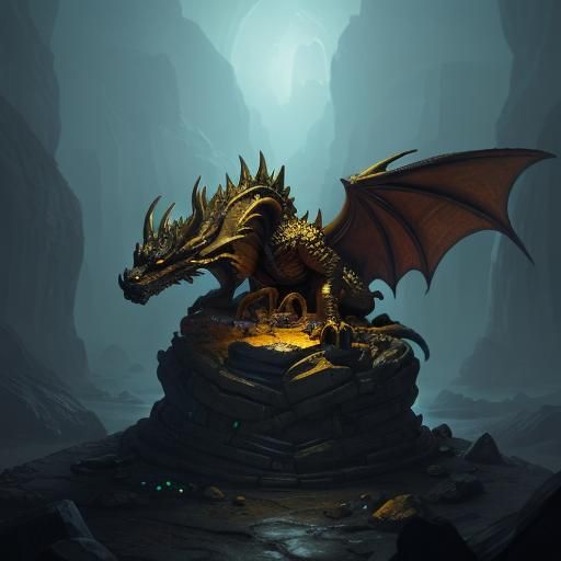 Cartoon Dragon on Treasure Pile in Mystical Cave