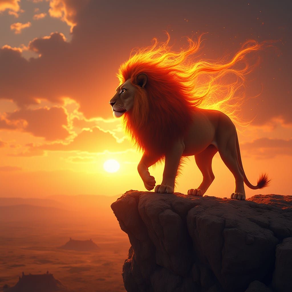 Fiery Lion Overlooking Savanna, Art Nouveau Style