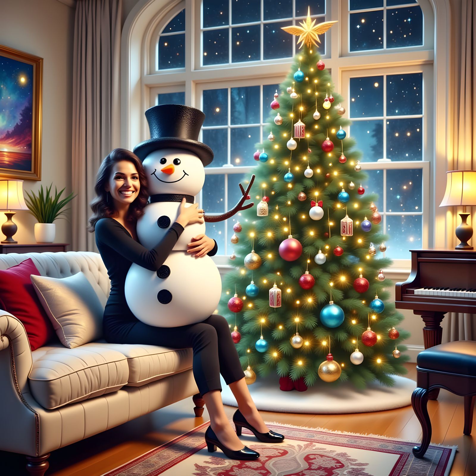 Joyful Woman Embraces Snowman in Cozy Christmas Room
