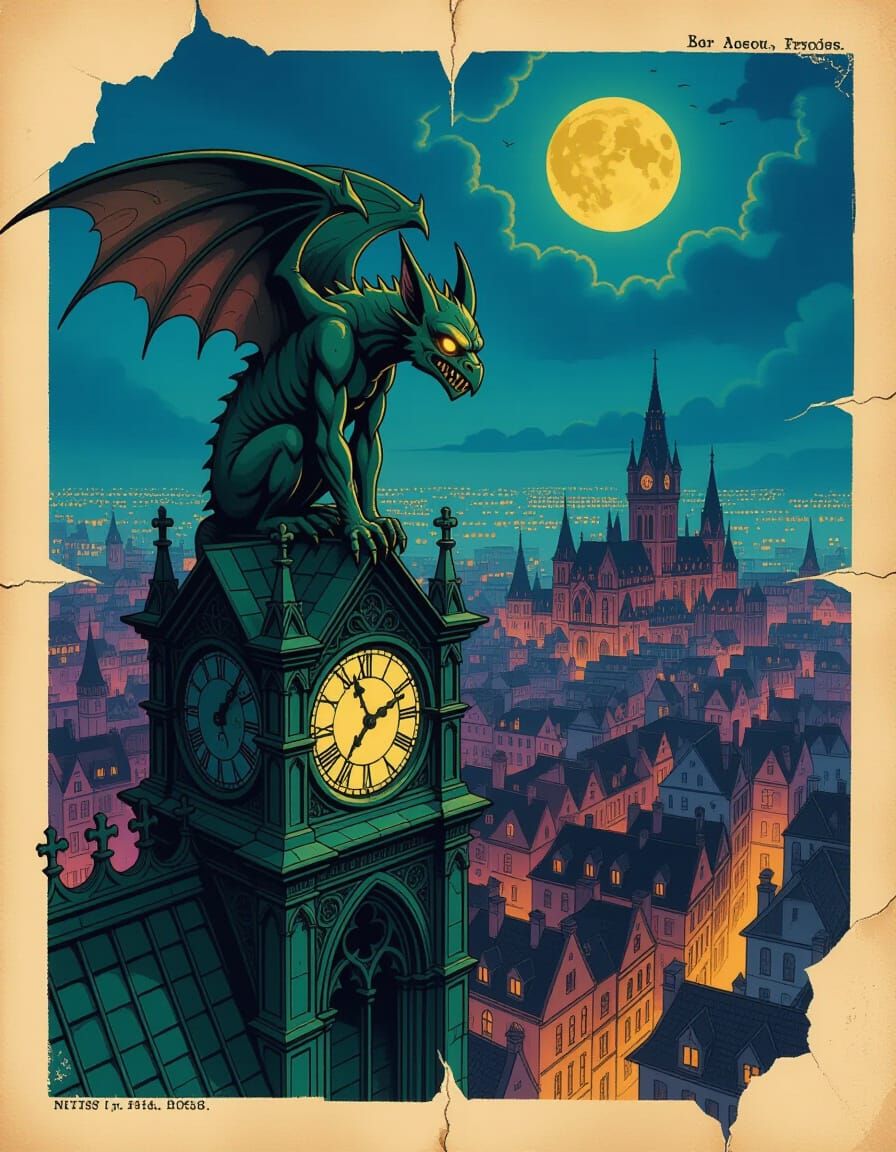 Gothic Gargoyle Overlooking City in Golden Age Illustration