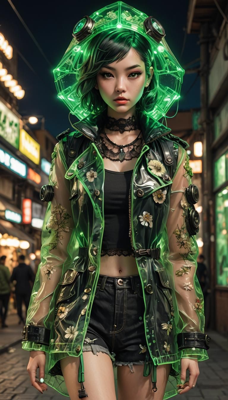 chibi, kawaii female walking in the rain