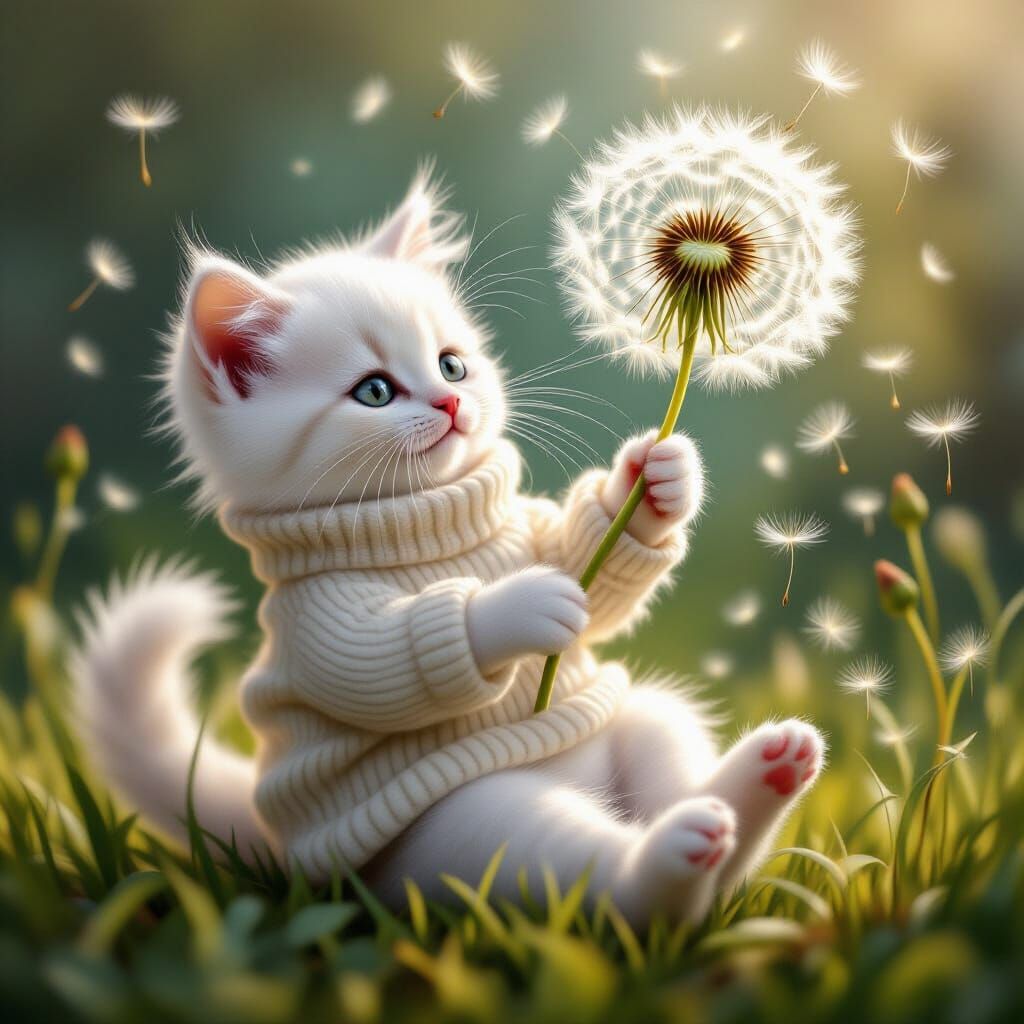 Floating Kitten with Dandelion in Photorealistic Style