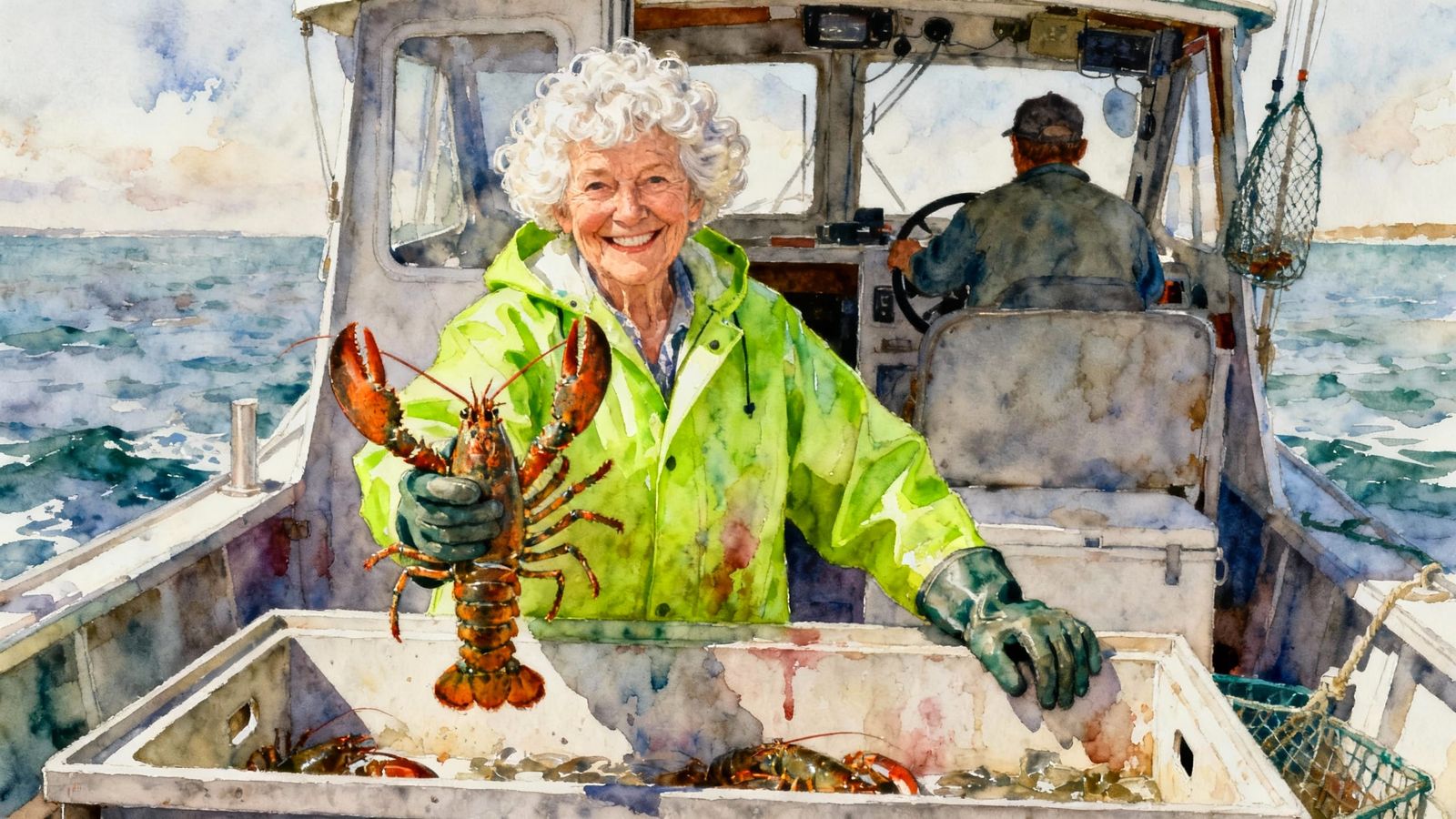 Centenarian Lobster Woman Smiles Holding Lobster in Watercol...