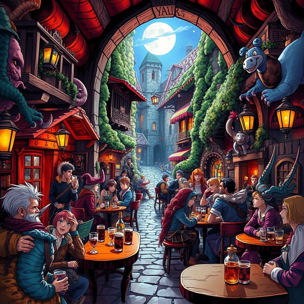 Bustling Fantasy Tavern in Moonlit Alleyway