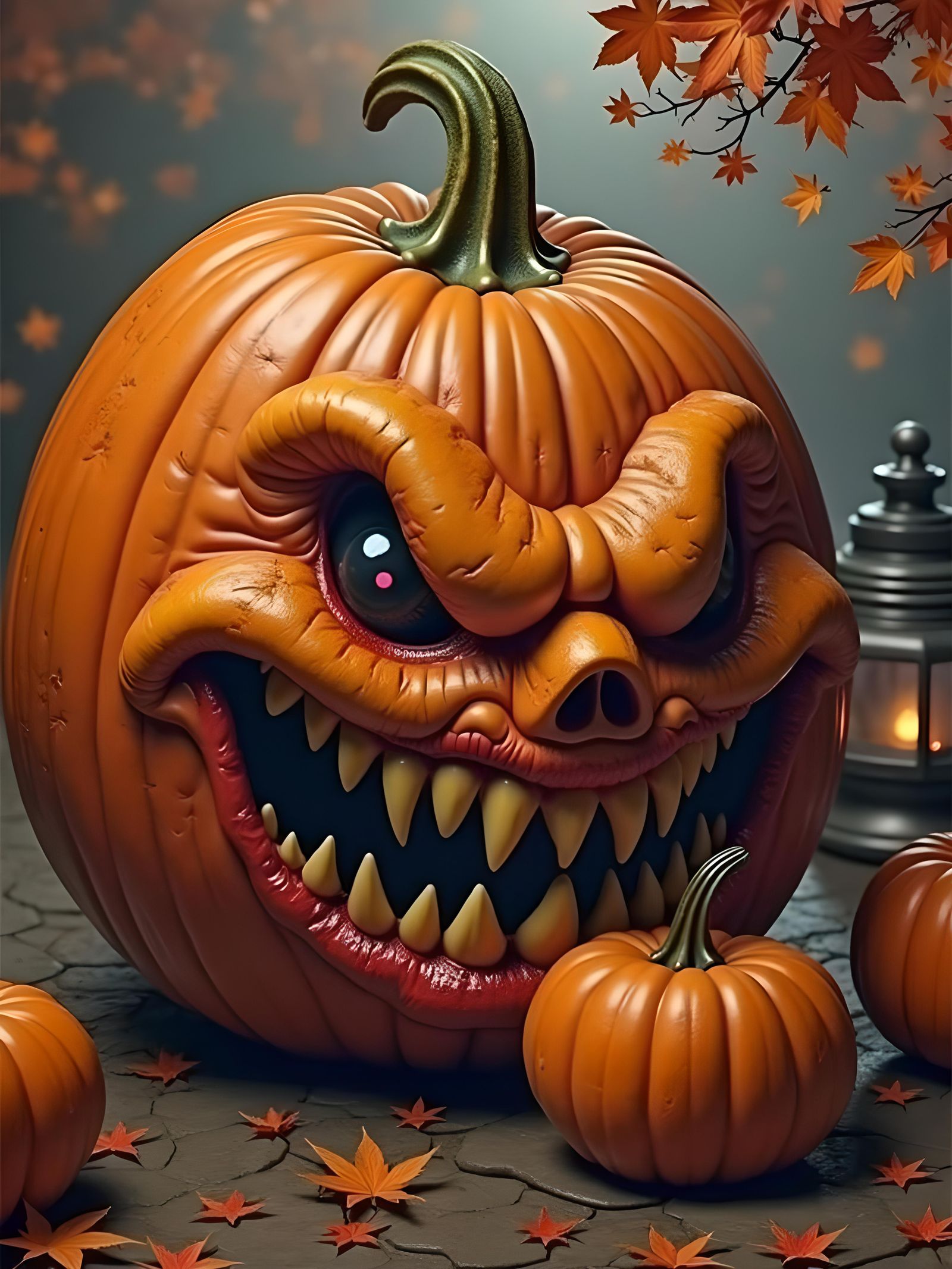 A big pumpkin with face like the horror character IT, eating...