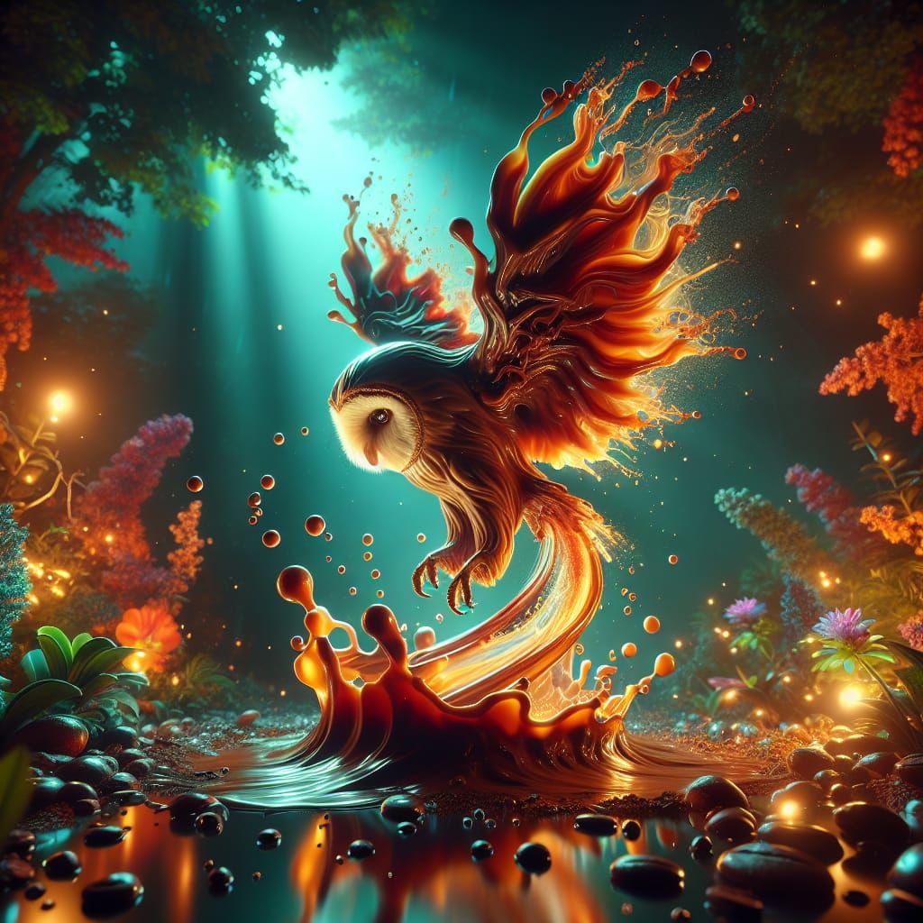 Coffee Owl in Flight: Art Nouveau Digital Art
