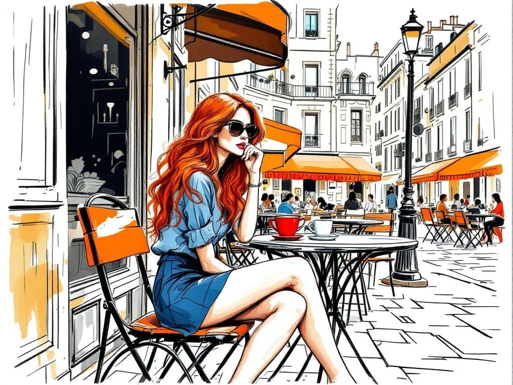 Red-Haired Woman at Cafe in Picasso-Basquiat Style