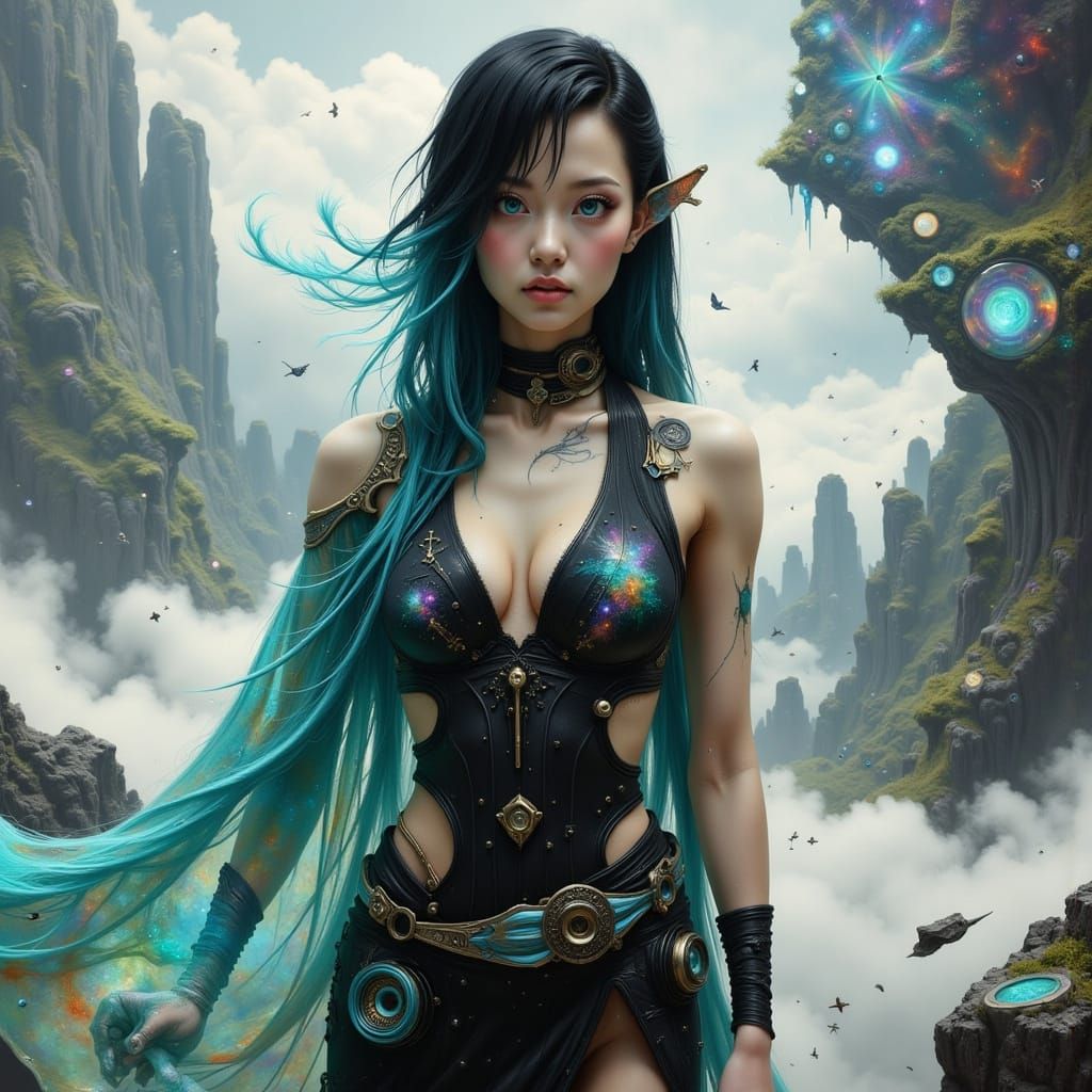 Mysterious East Asian Femme in Futurist Monk Attire, Amidst ...