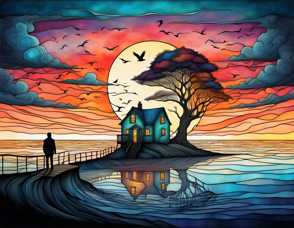 Surreal Ocean Sunset with Lonely Walker