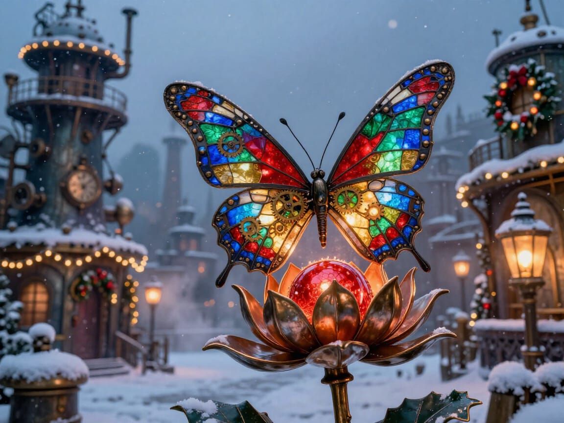 Steampunk Christmas City Scene with Mechanical Butterfly