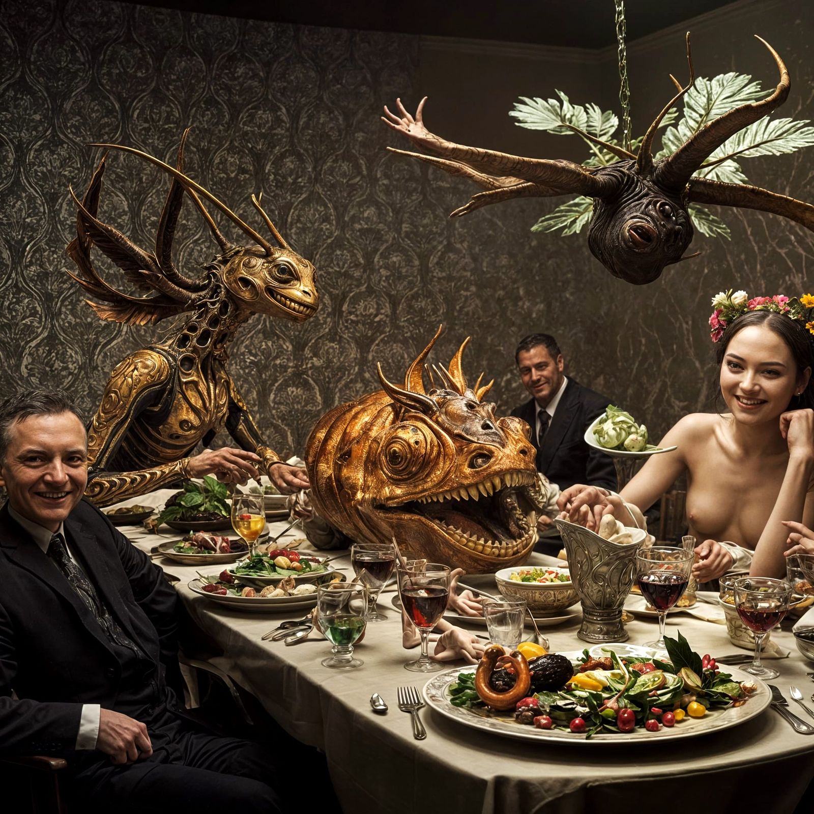 Surreal Alien Celebration in Gritty Restaurant