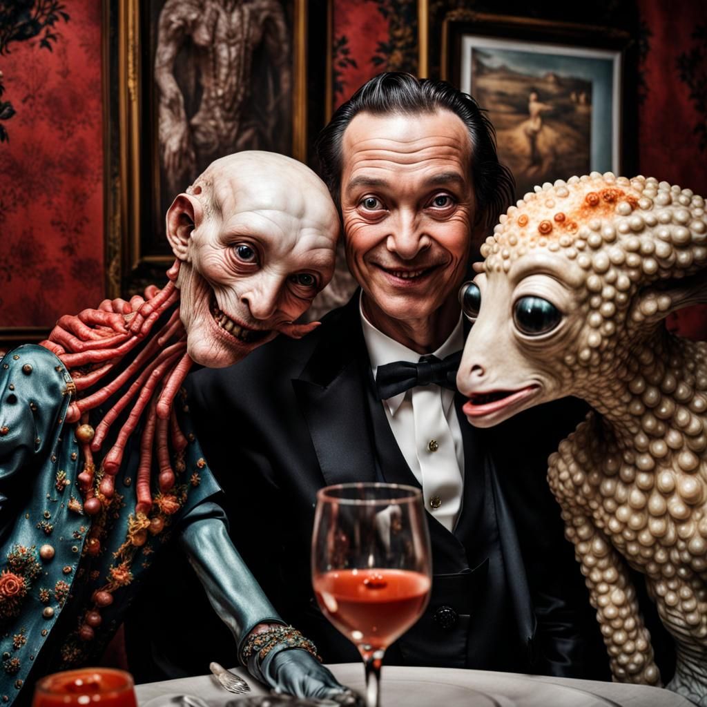 Surreal Restaurant Scene with Exotic Aliens in Hyperrealism