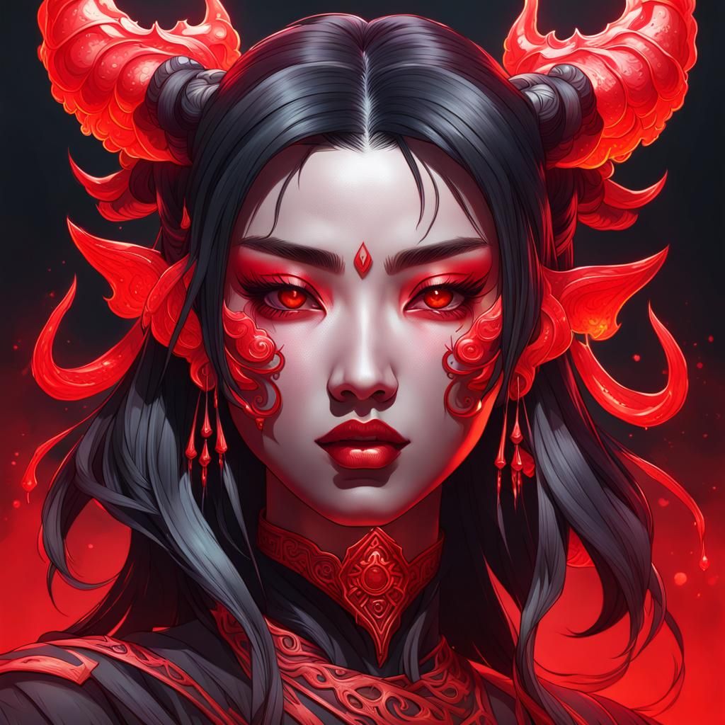 tiktok jelly art style line art 
red and black asian demon g...