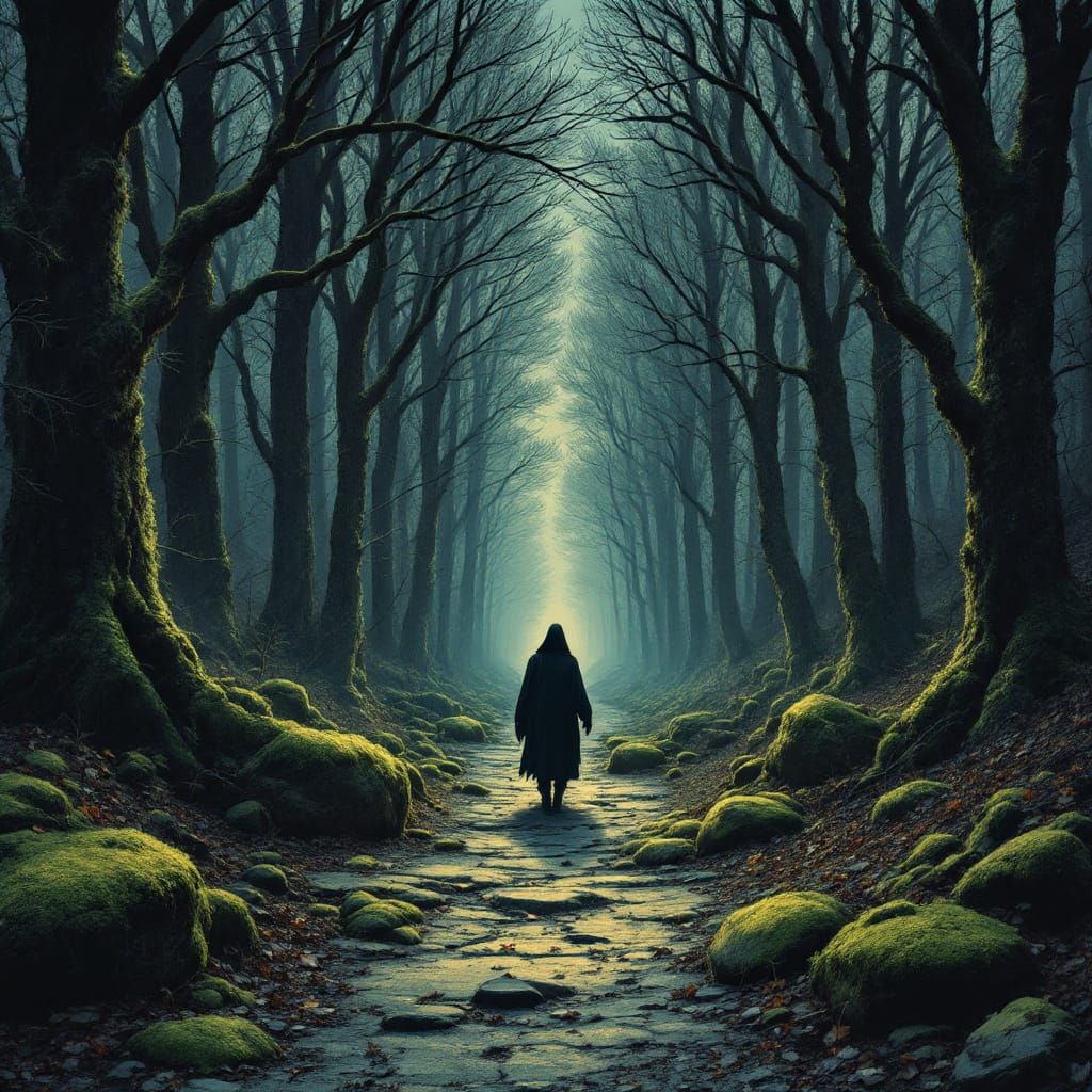 Sinister Figure on Forest Path in Gothic Horror Style