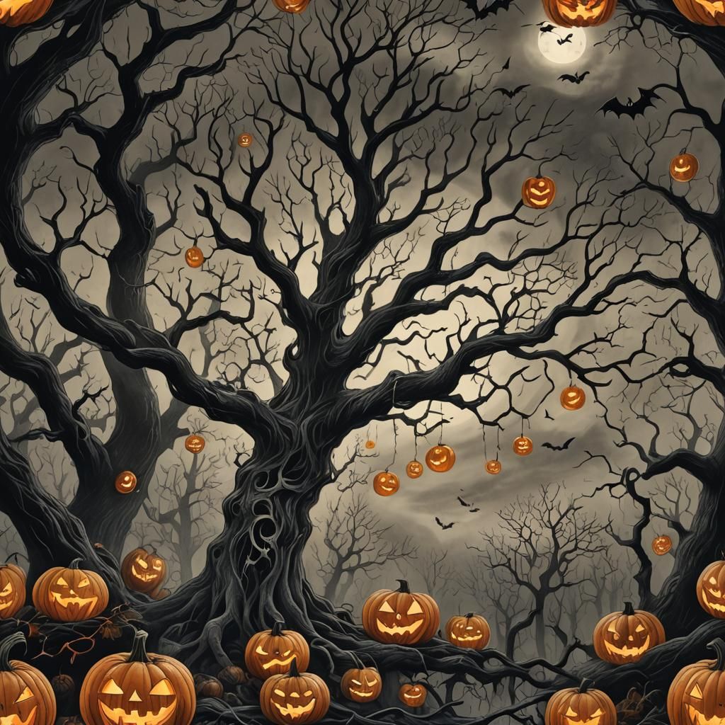 Halloween Charcoal Drawing: Jack-o'-lantern Tree with Ghosts