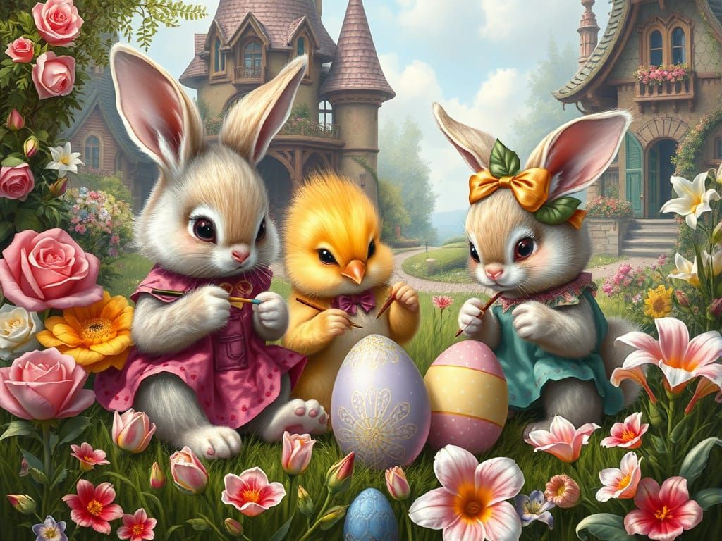Easter Bunnies Painting Eggs in Whimsical Meadow