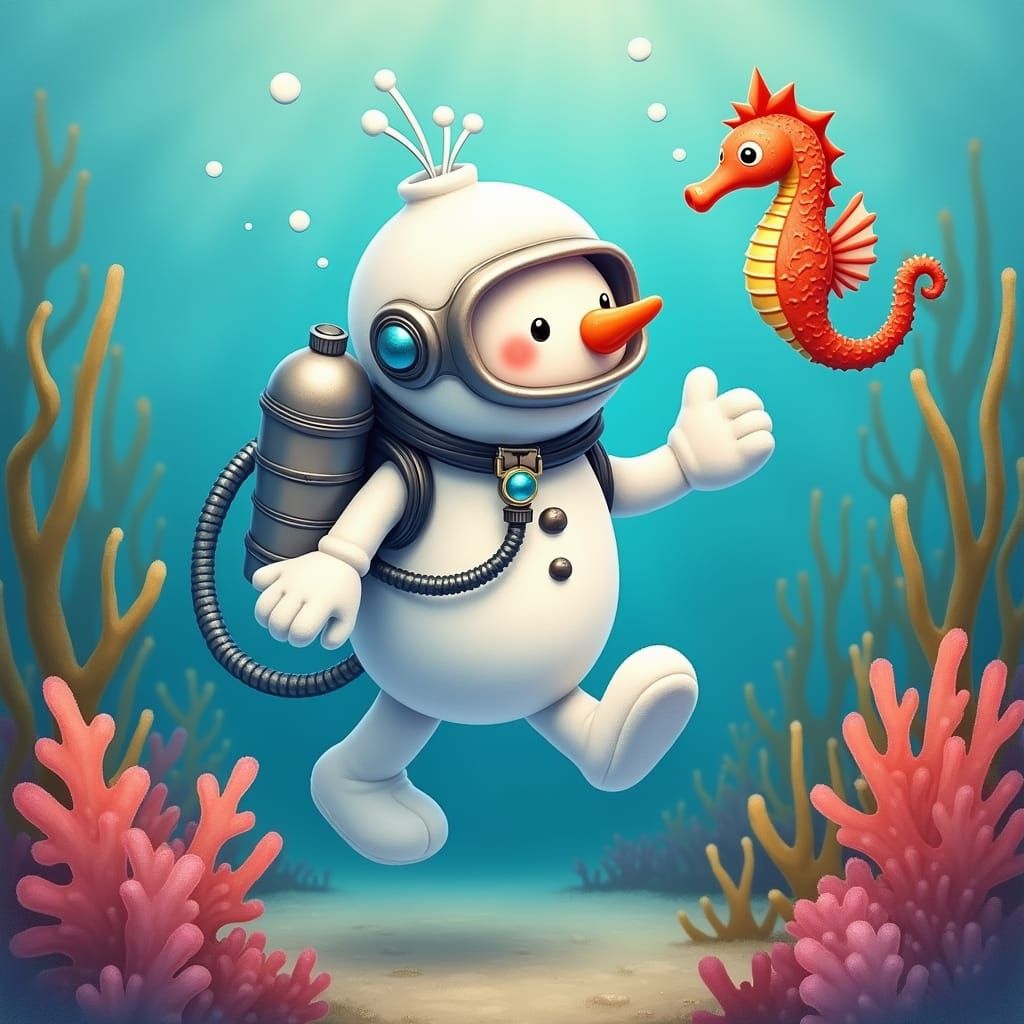 Snowman Scuba Diving Adventure in Dreamlike Style