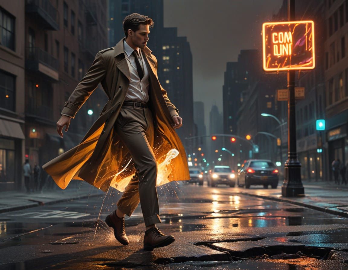 City Strider in Chic Attire, Art Deco Skyscrapers, and Neon....