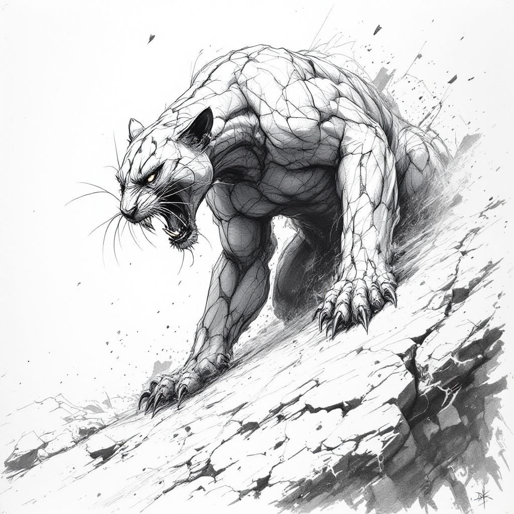 Fearful Panther in Bold Continuous Graphite Stroke