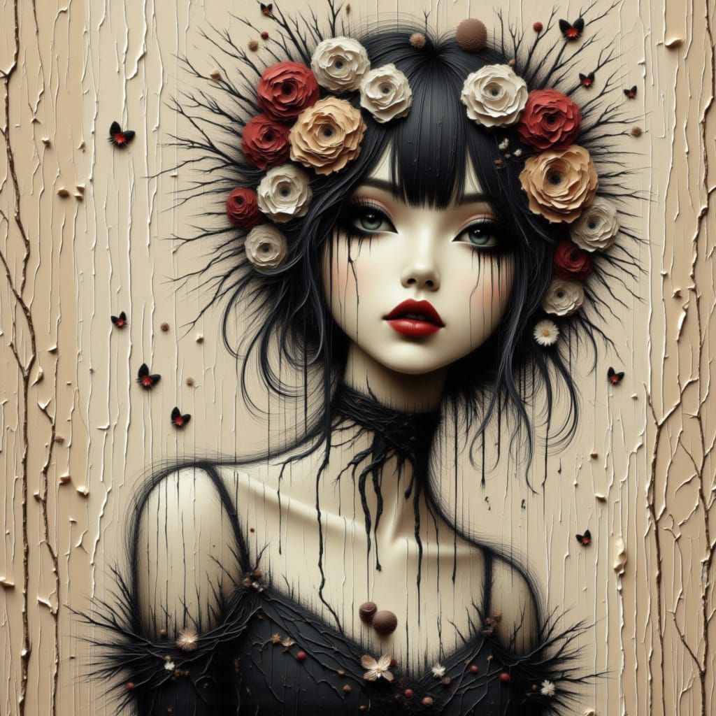 Enchanting Gothic Girl with Veil in White and Beige