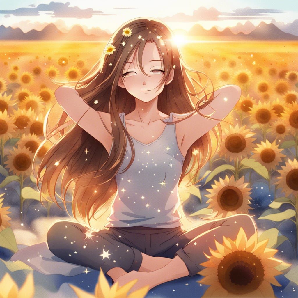 Anime Woman Doing Yoga in Sunflower Field