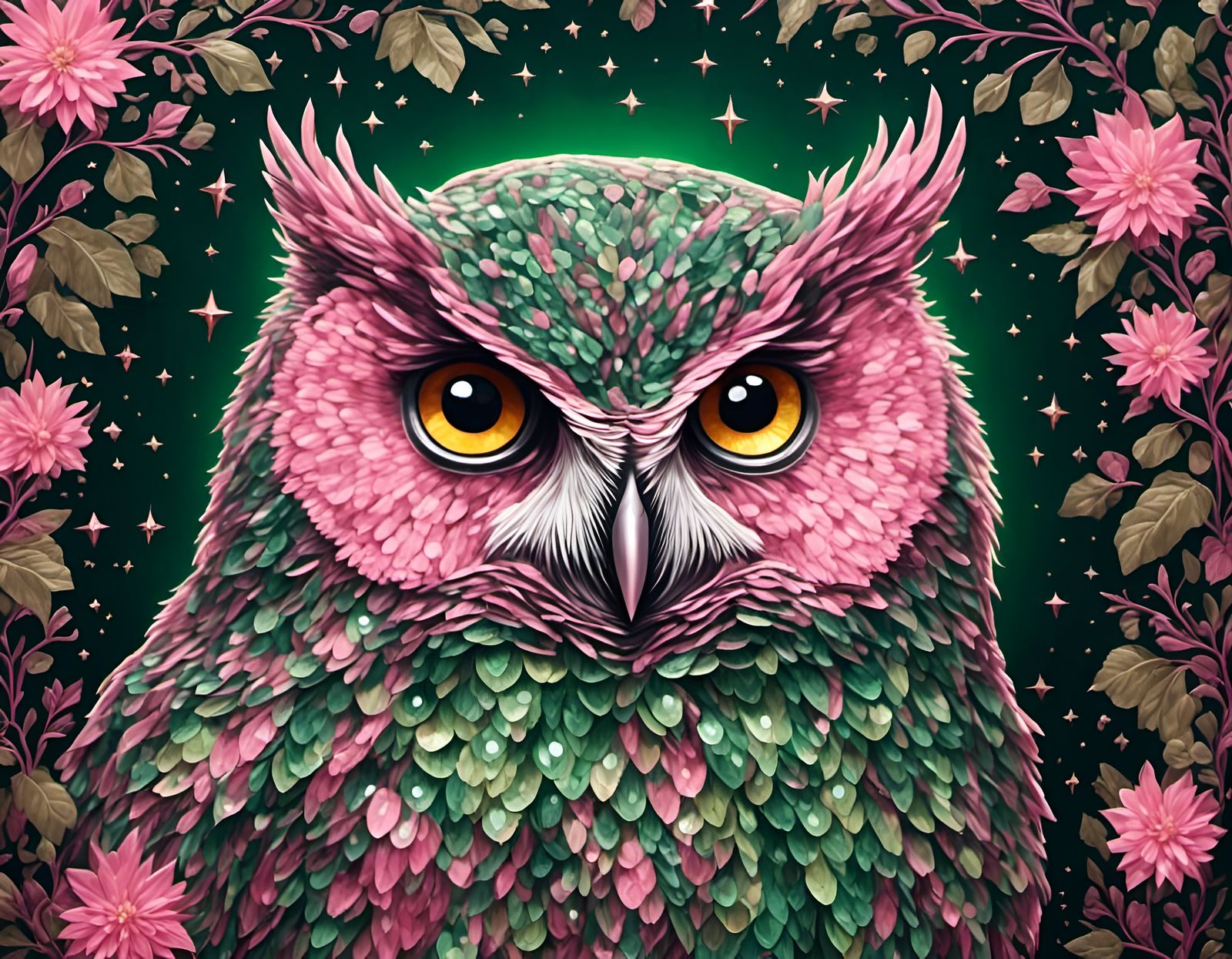 Moonlit Owl Portrait in Metallic Pink and Green