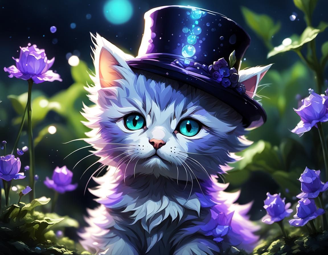 Cute Kitten in Tophat in Bioluminescent Garden