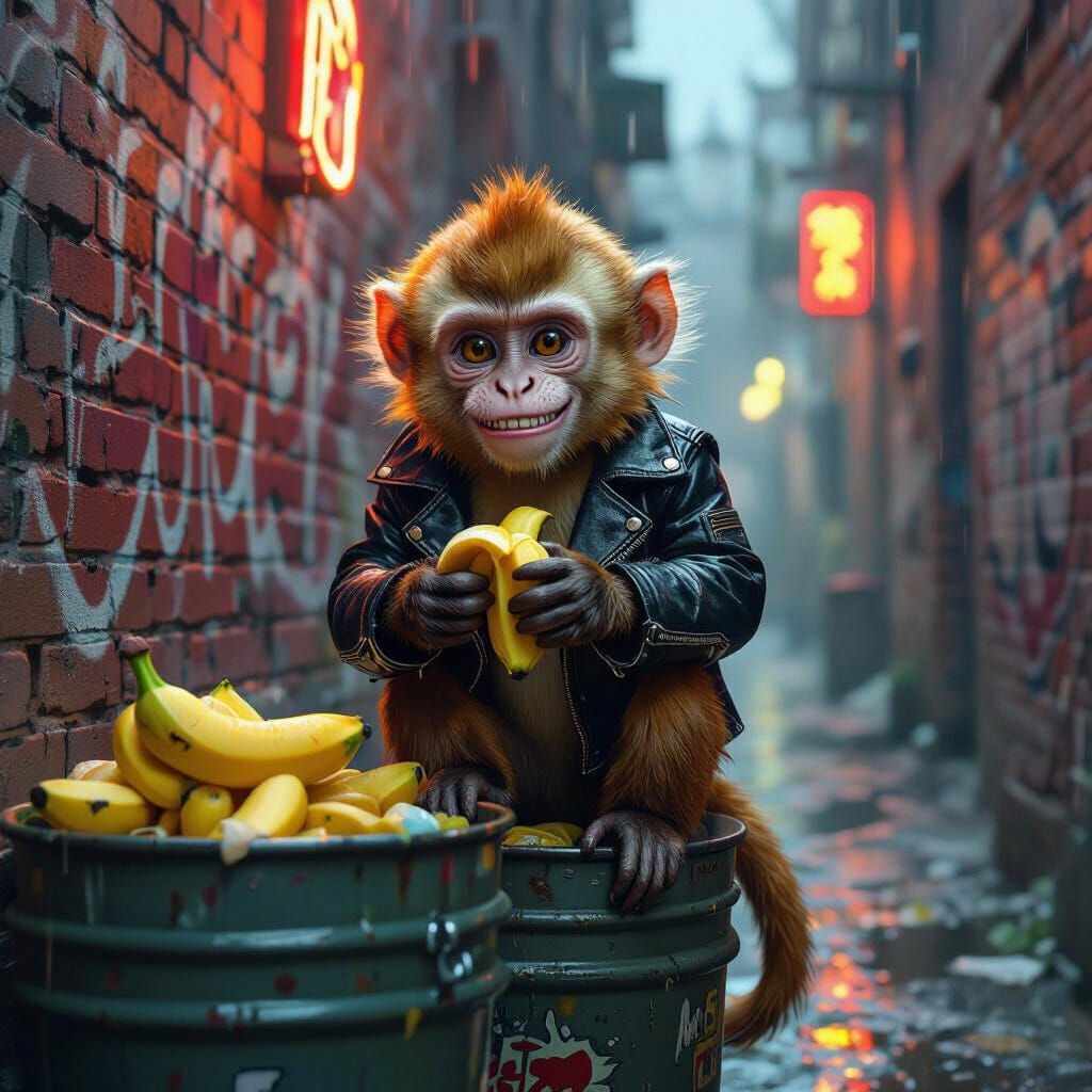 Mischievous Monkey in Leather Jacket Steals Banana