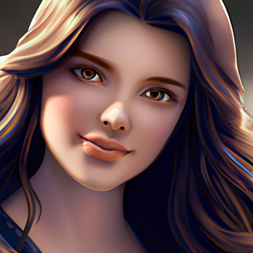 close up of beautiful young woman with gray eyes, wavy long brunette hair, realistic, high detail, slight smile with ful...