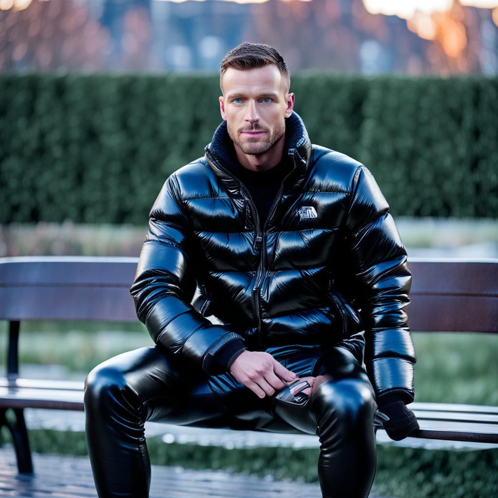Muscular Man in Leather Trousers on Bench
