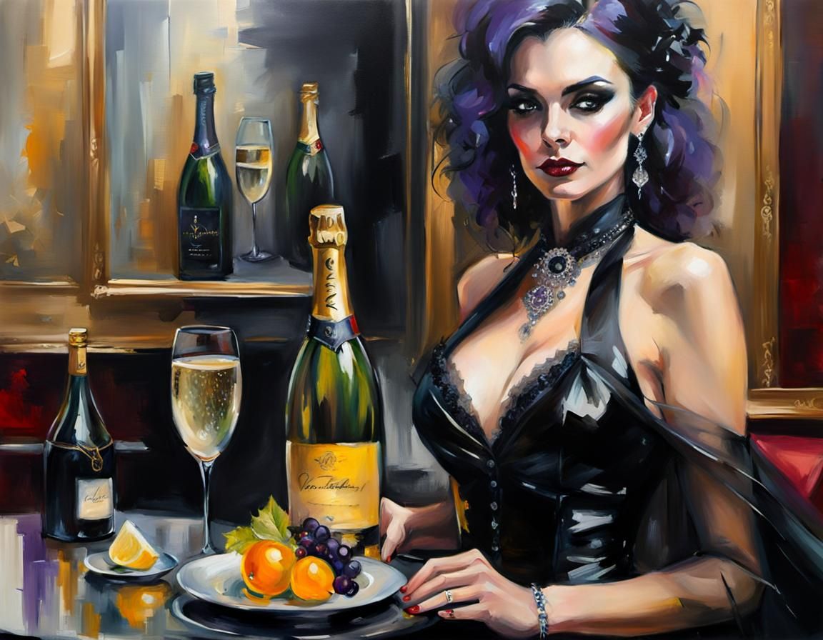 Goth Sommelier Serving Champagne: Oil Painting
