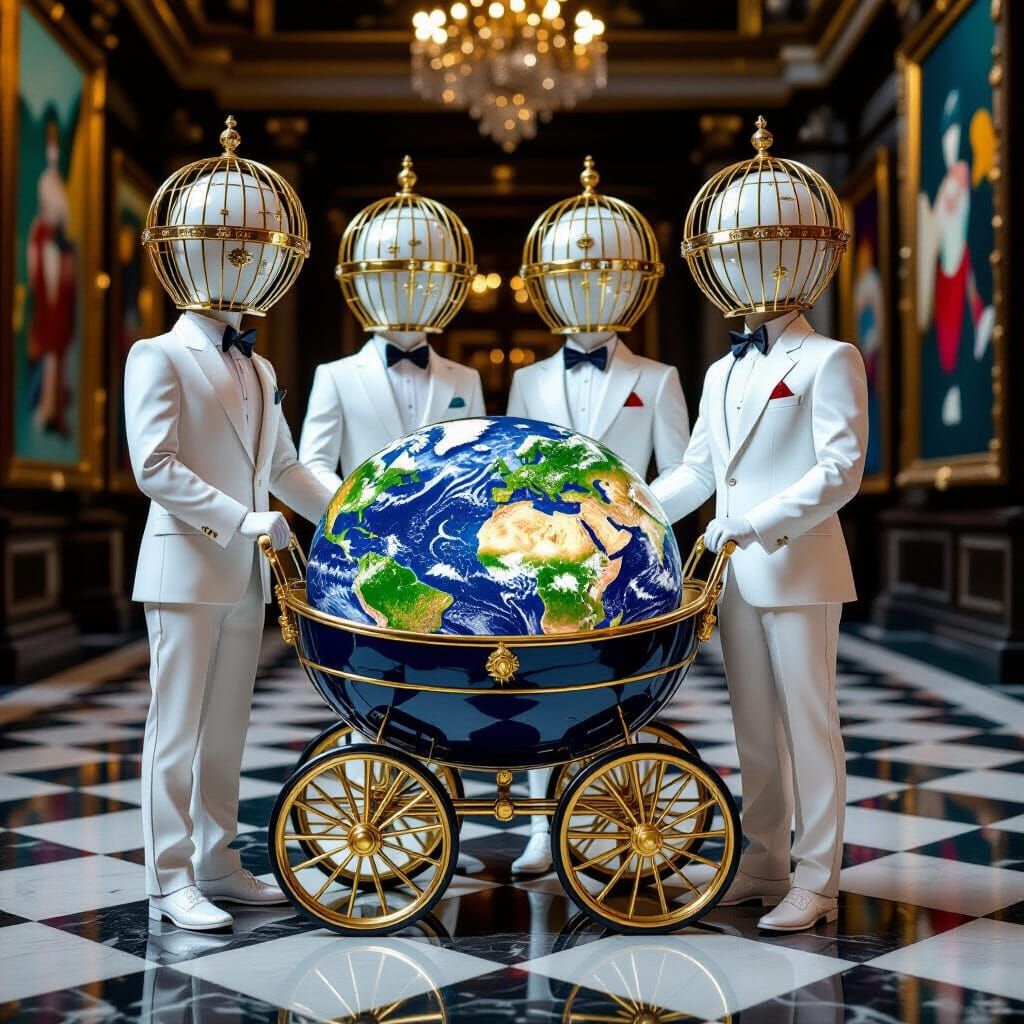 Banker Sculptures With Golden Cages Pushing Earth Carriages