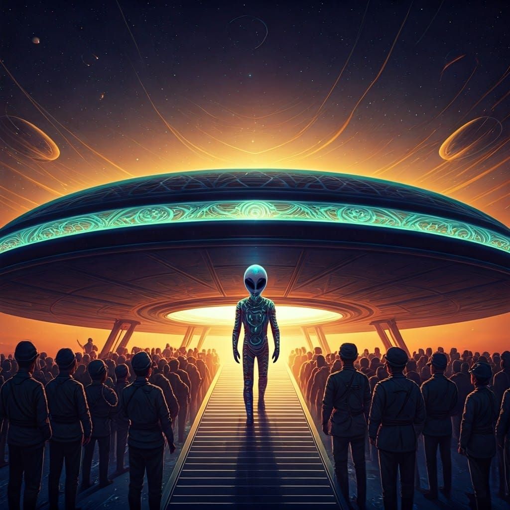 Alien Astronaut Descends from Celestial Vessel in Cosmic Lan...