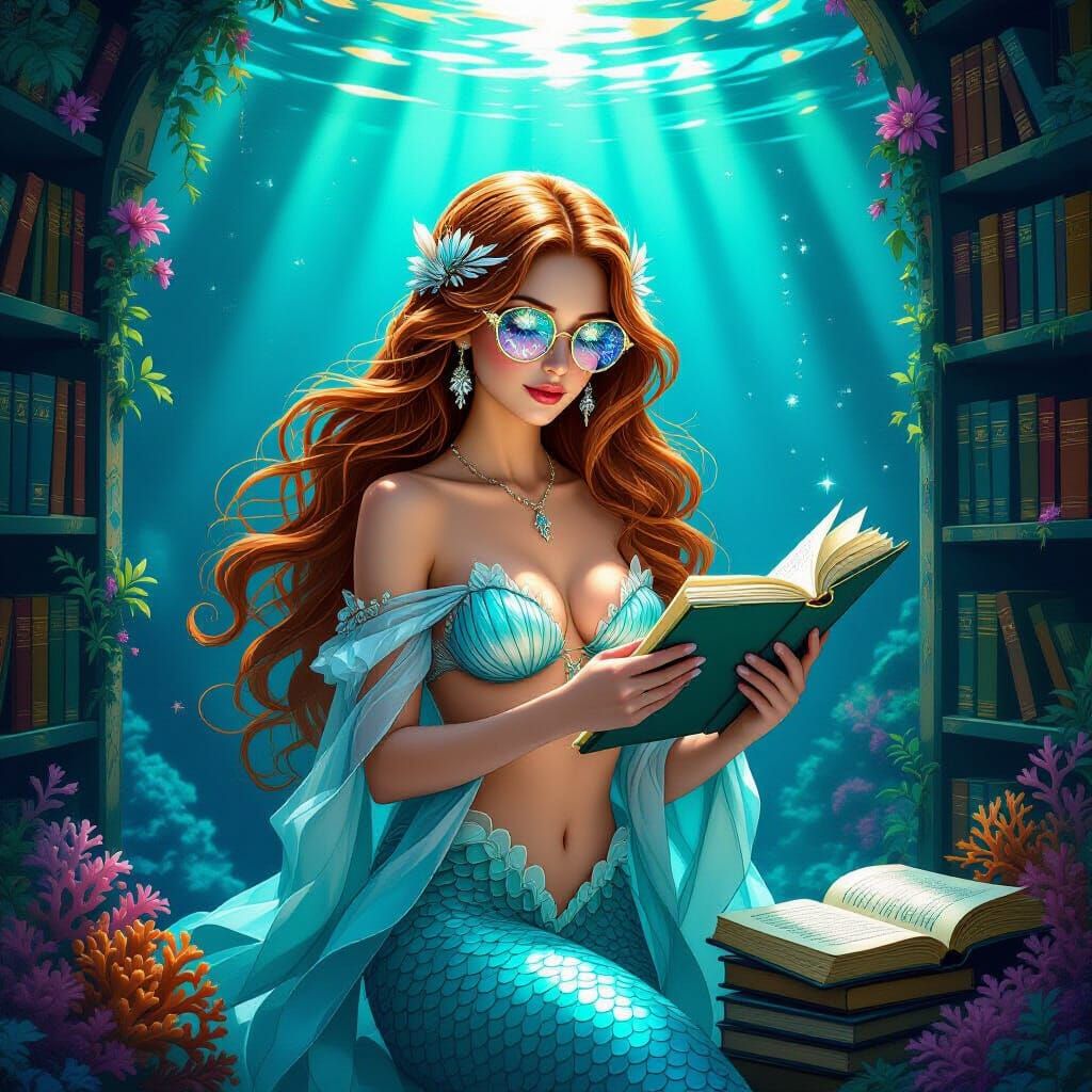Underwater Mermaid Librarian in Art Nouveau Style