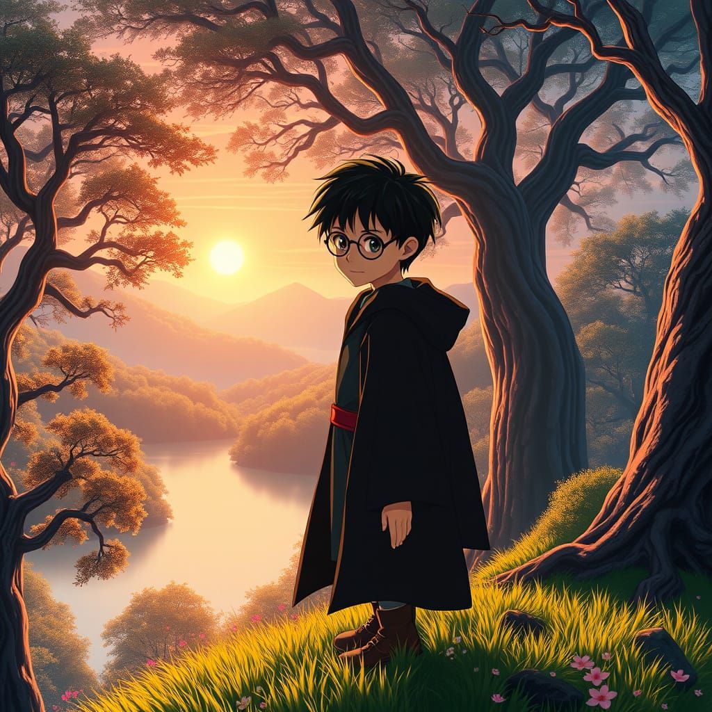 Mystical Wizard Amidst Whimsical Landscape in Anime Style
