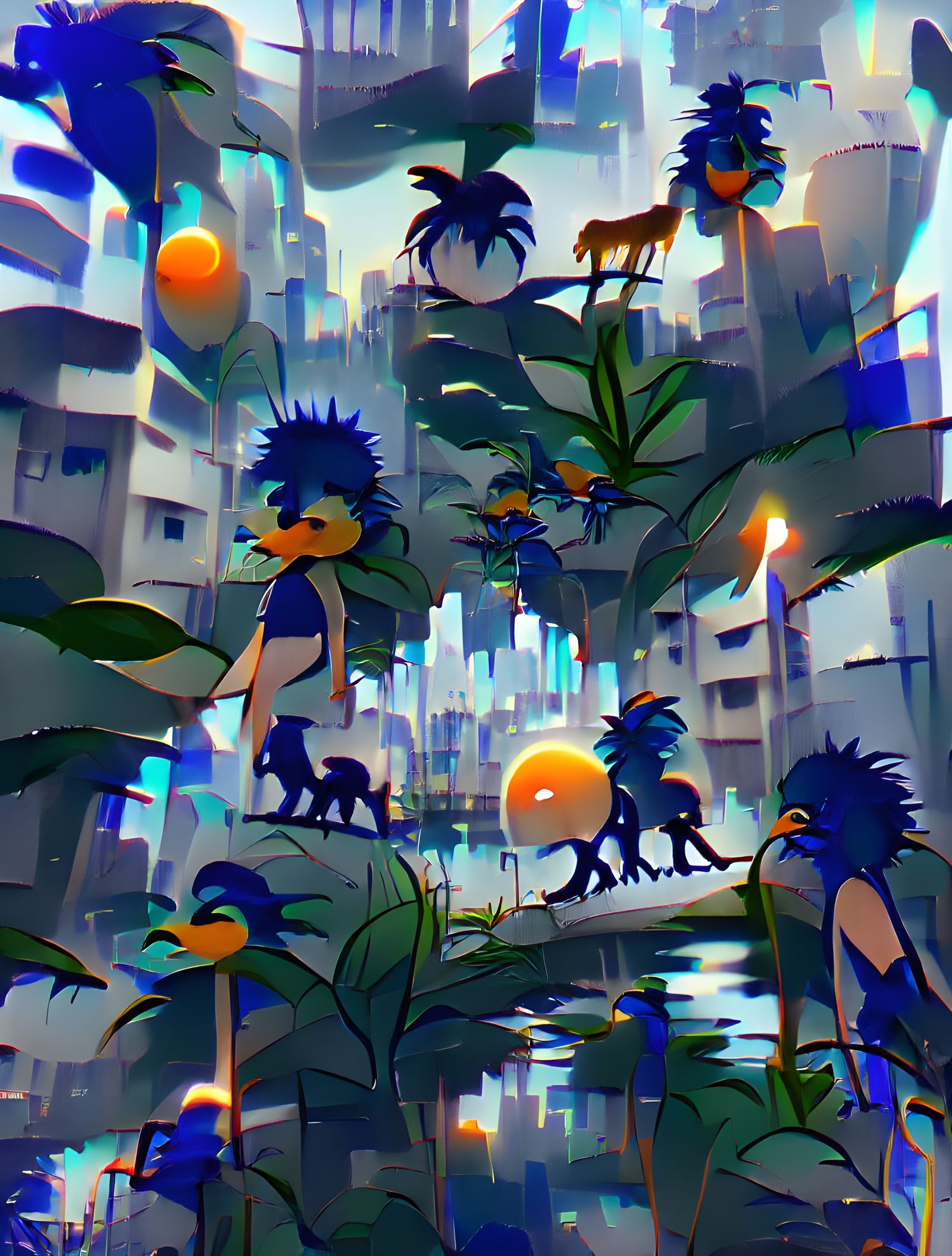 Surreal Jungle Cityscape with Blue Sun and Ducks